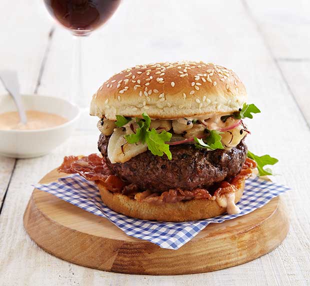 Sweet and Smoky Spanish Beef Burgers With Pickled Saffron Pears