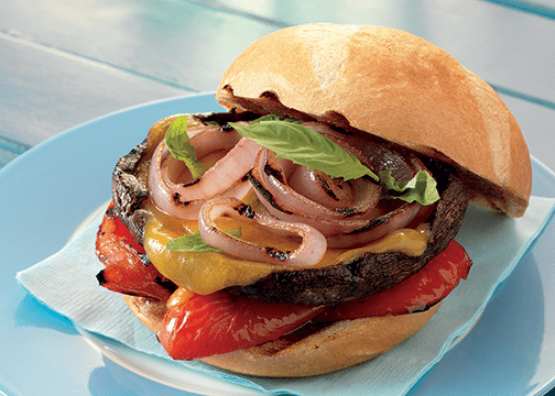 Portabello Burgers with Cheddar and Grill Red Peppers