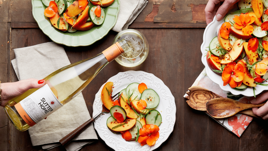 You Know Spring Has Arrived with Our Peach Cucumber Salad with Edible Spring Flowers - Sutter Home F