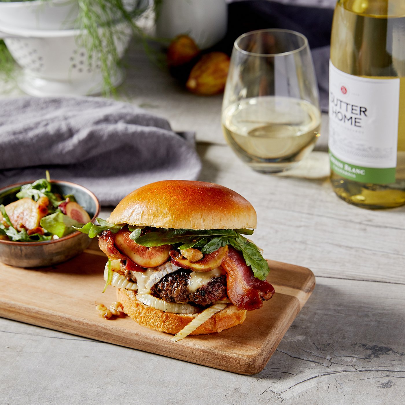 Born in Berkeley Burgers (a.k.a. Bacon Cheeseburgers with Aged Teleme, Arugula-Fig Topping, Pepper Bacon, and Lemon-Grilled Fennel)