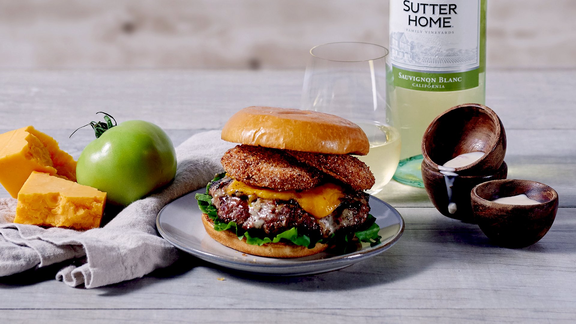White Barbecue Sauced Veal & Pork Burgers With Fried Green Tomatoes