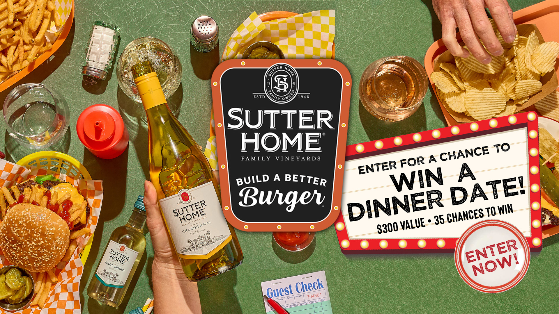 A retro diner table with burgers, fries, wine, and a promo for Sutter Home’s “Build a Better Burger” contest to win a $300 dinner date.